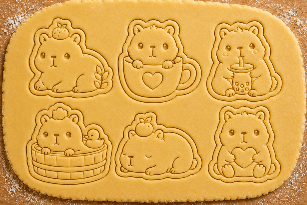 Lot de 6 emporte-pièces Capybaras Kawaii – Cutter + tampon