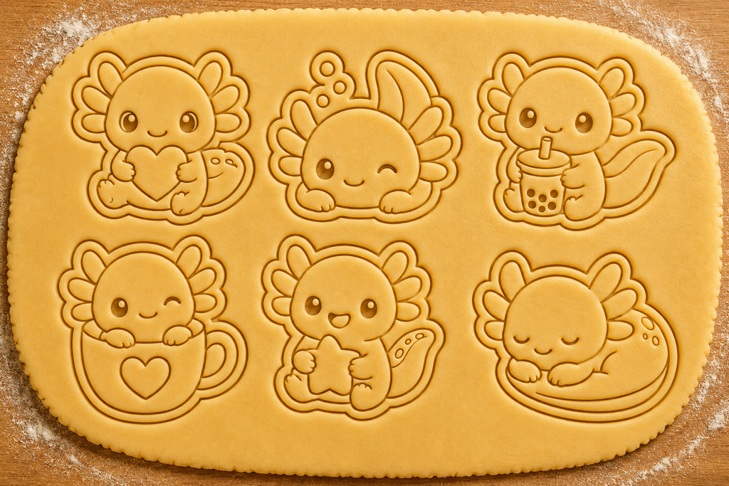 Lot de 6 emporte-pièces Axolotls Kawaii – Cutter + tampon