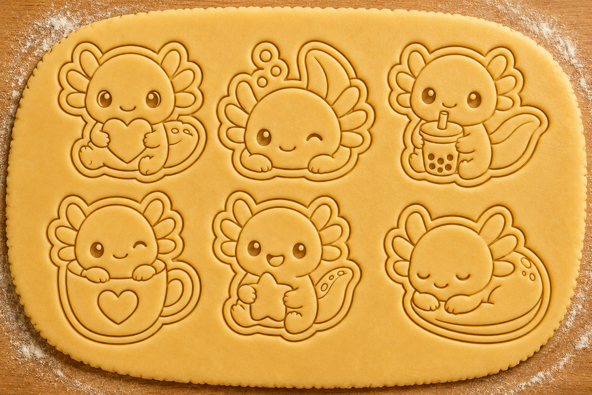 Lot de 6 emporte-pièces Axolotls Kawaii – Cutter + tampon