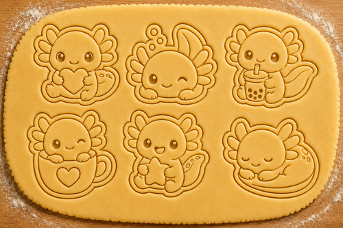 Lot de 6 emporte-pièces Axolotls Kawaii – Cutter + tampon