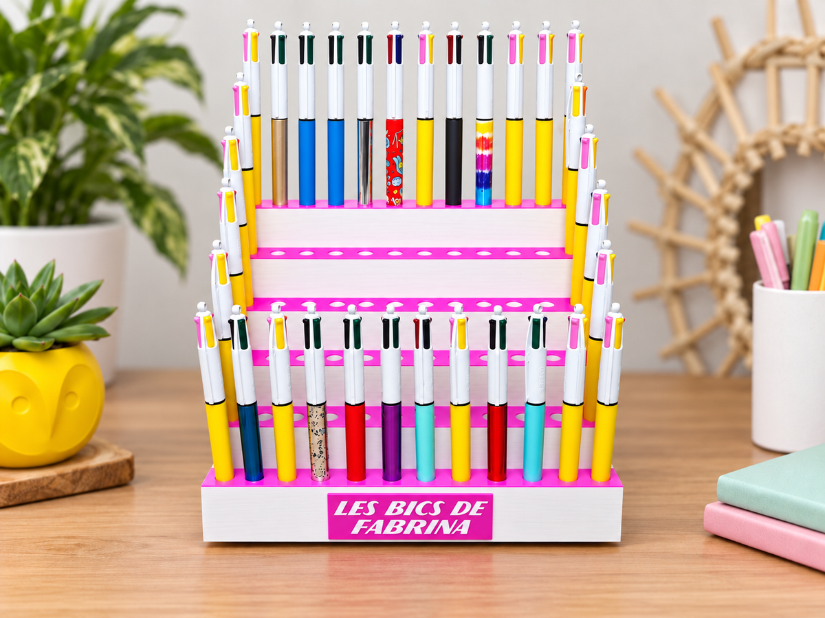 Présentoir 72 stylos Bic 4 Couleurs – 6 étages de 12 emplacements – Support personnalisé – Couleurs et texte au choix