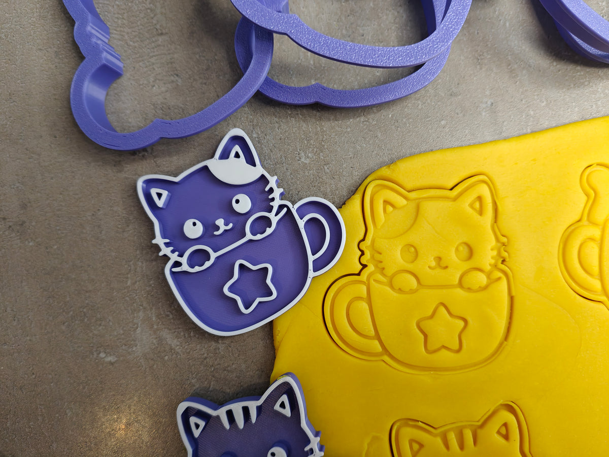 Lot de 6 emporte-pièces Chats dans des tasses – Cutter + tampon – Biscuits kawaii