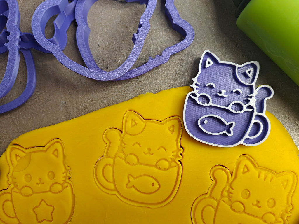 Lot de 6 emporte-pièces Chats dans des tasses – Cutter + tampon – Biscuits kawaii