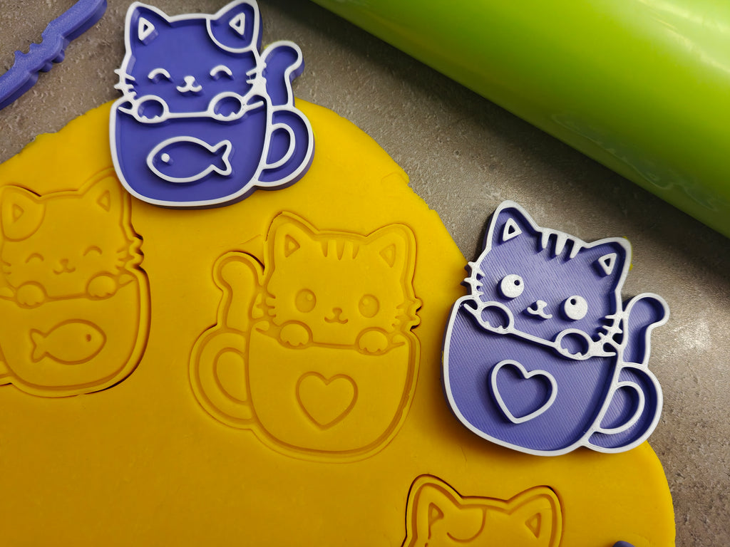 Lot de 6 emporte-pièces Chats dans des tasses – Cutter + tampon – Biscuits kawaii