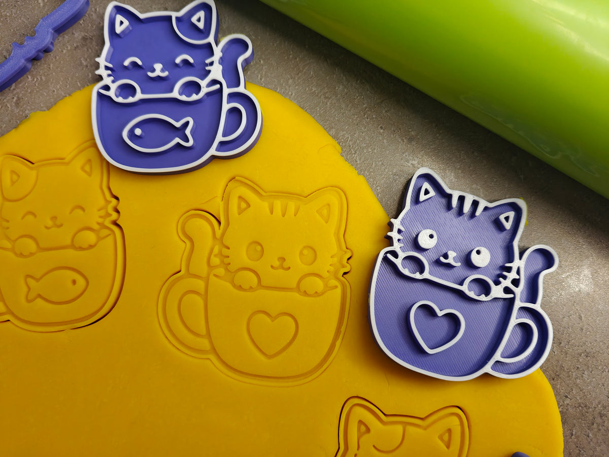 Lot de 6 emporte-pièces Chats dans des tasses – Cutter + tampon – Biscuits kawaii