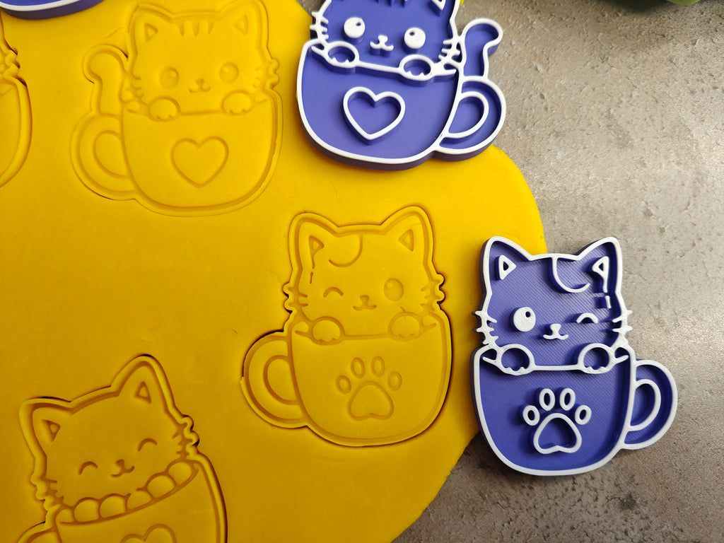 Lot de 6 emporte-pièces Chats dans des tasses – Cutter + tampon – Biscuits kawaii