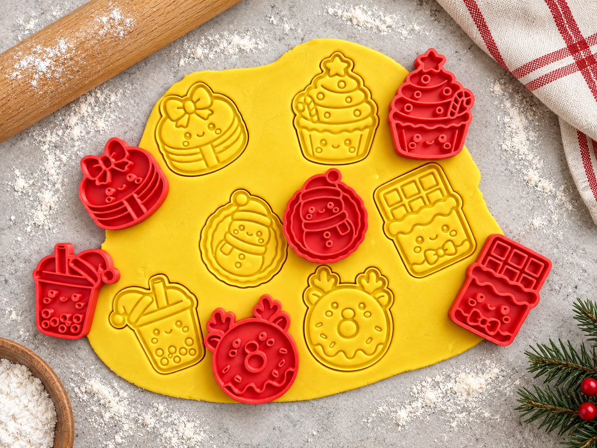 Lot de 6 emporte-pièces Noël Kawaii – Cutter + tampon – Biscuits festifs