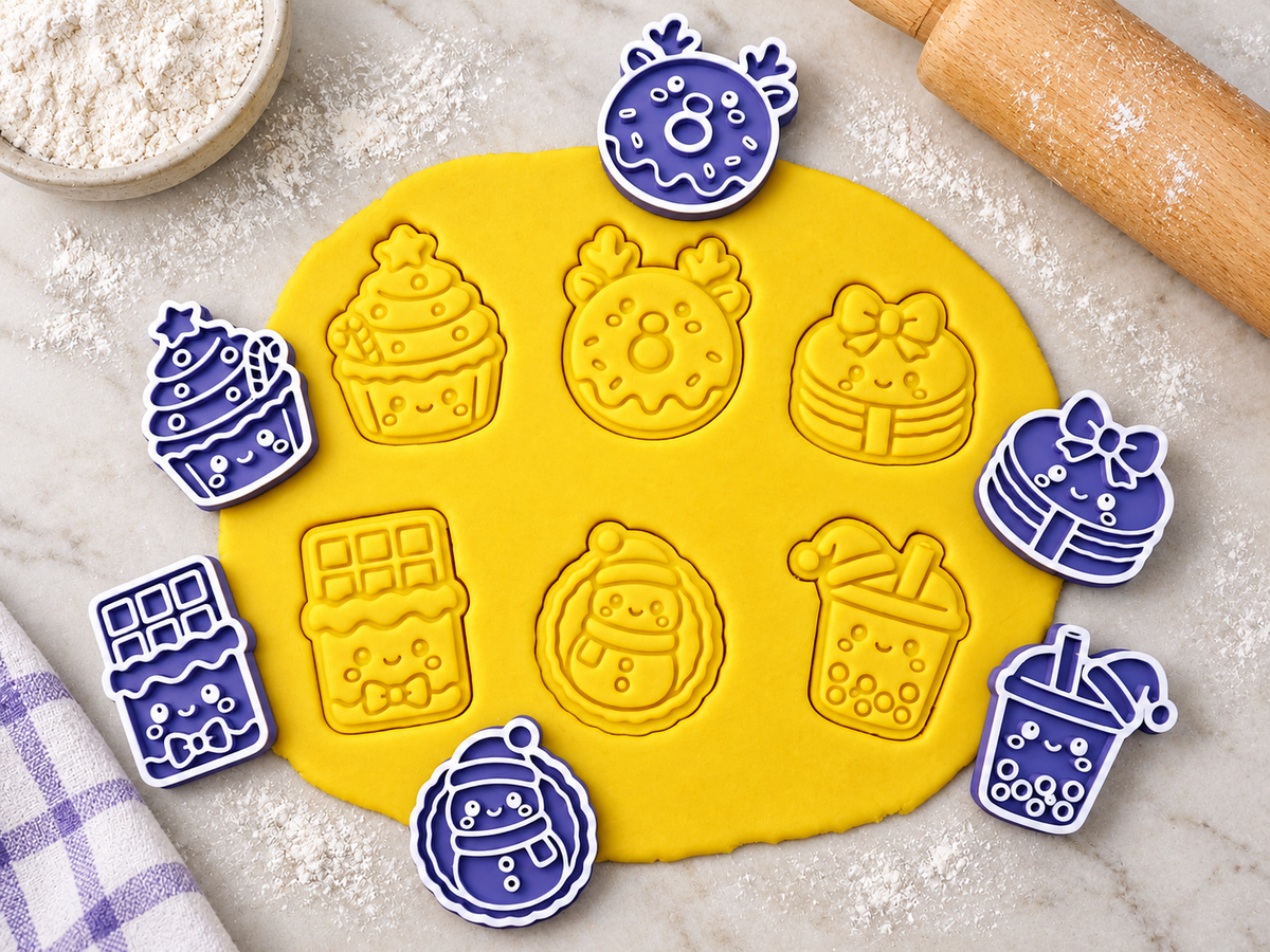 Lot de 6 emporte-pièces Noël gourmand Kawaii – Cutter + tampon – Biscuits maison