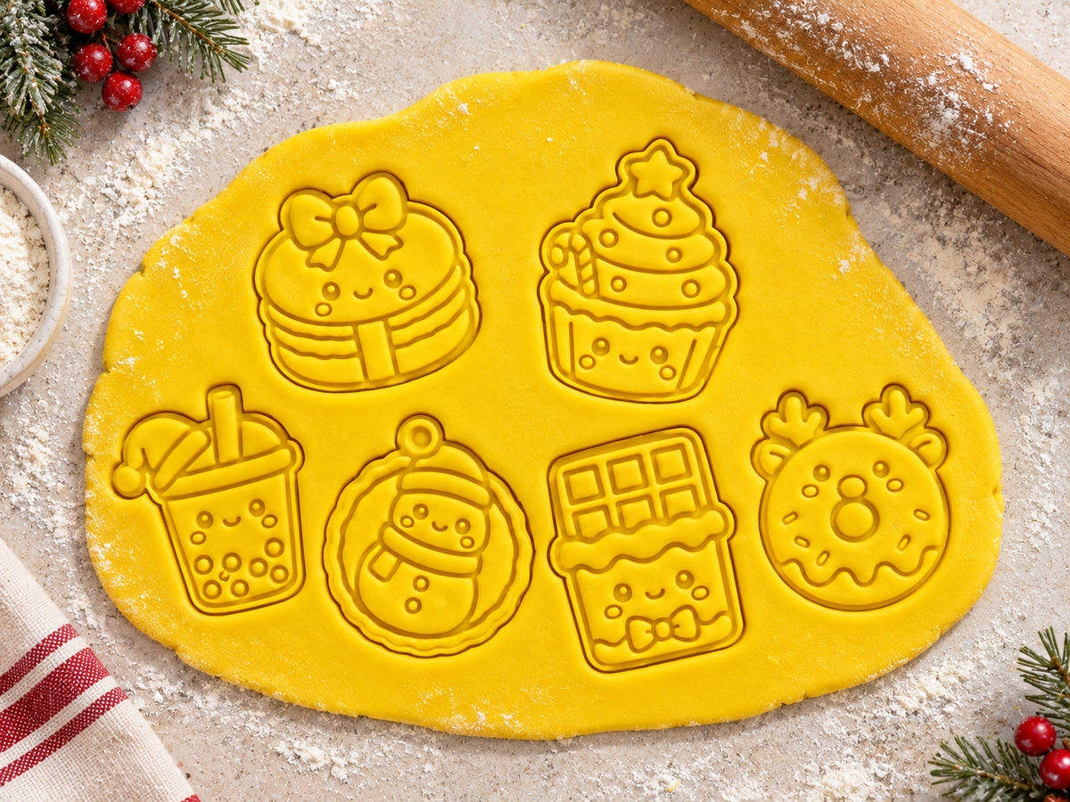 Lot de 6 emporte-pièces Noël Kawaii – Cutter + tampon – Biscuits festifs