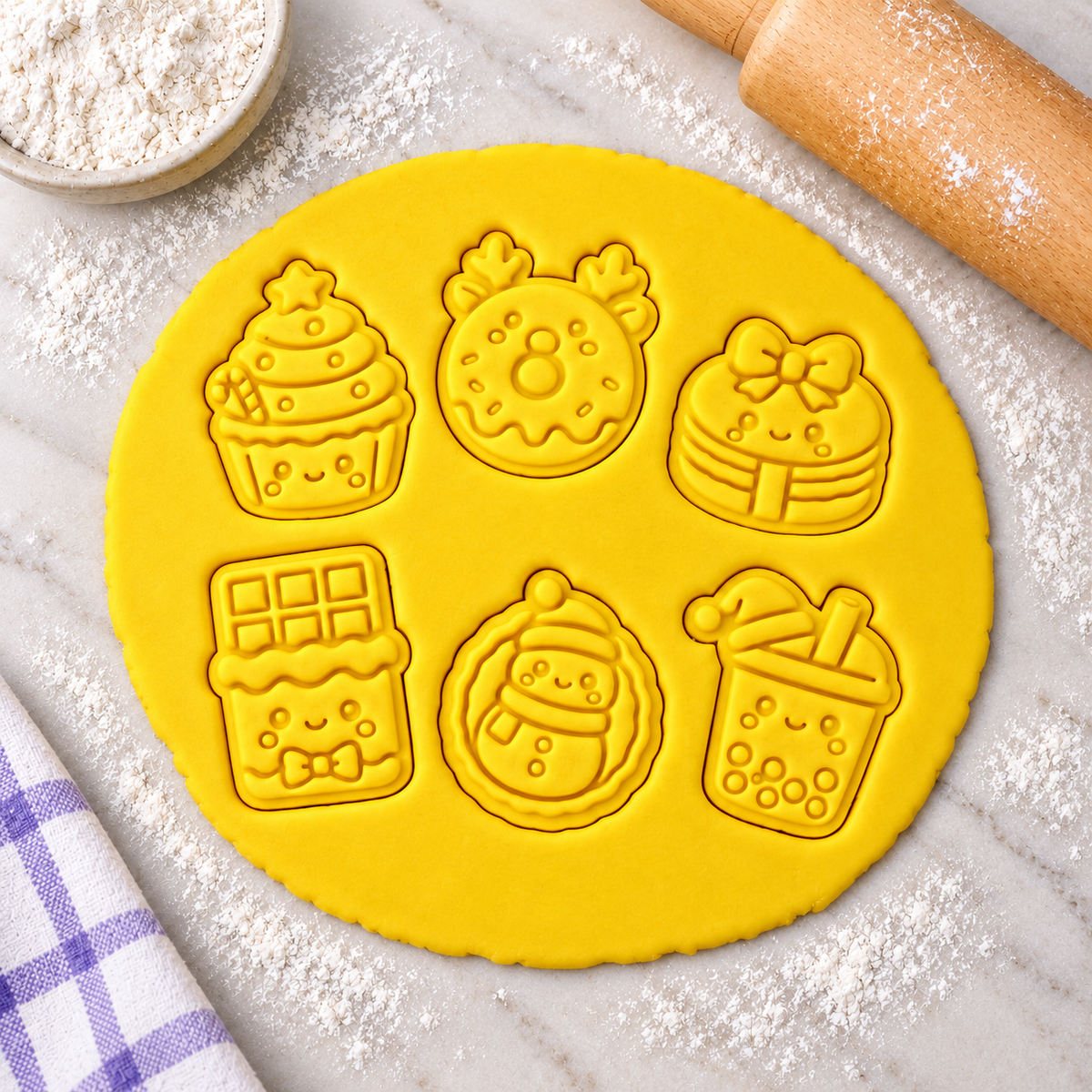 Lot de 6 emporte-pièces Noël gourmand Kawaii – Cutter + tampon – Biscuits maison