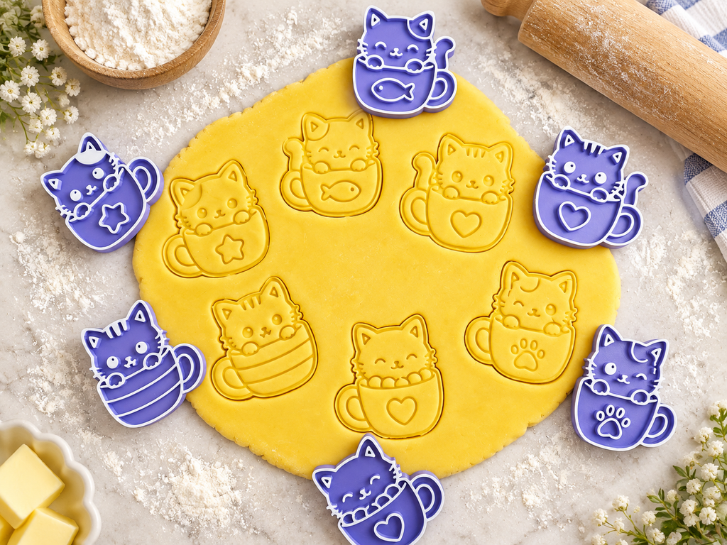 Lot de 6 emporte-pièces Chats dans des tasses – Cutter + tampon – Biscuits kawaii