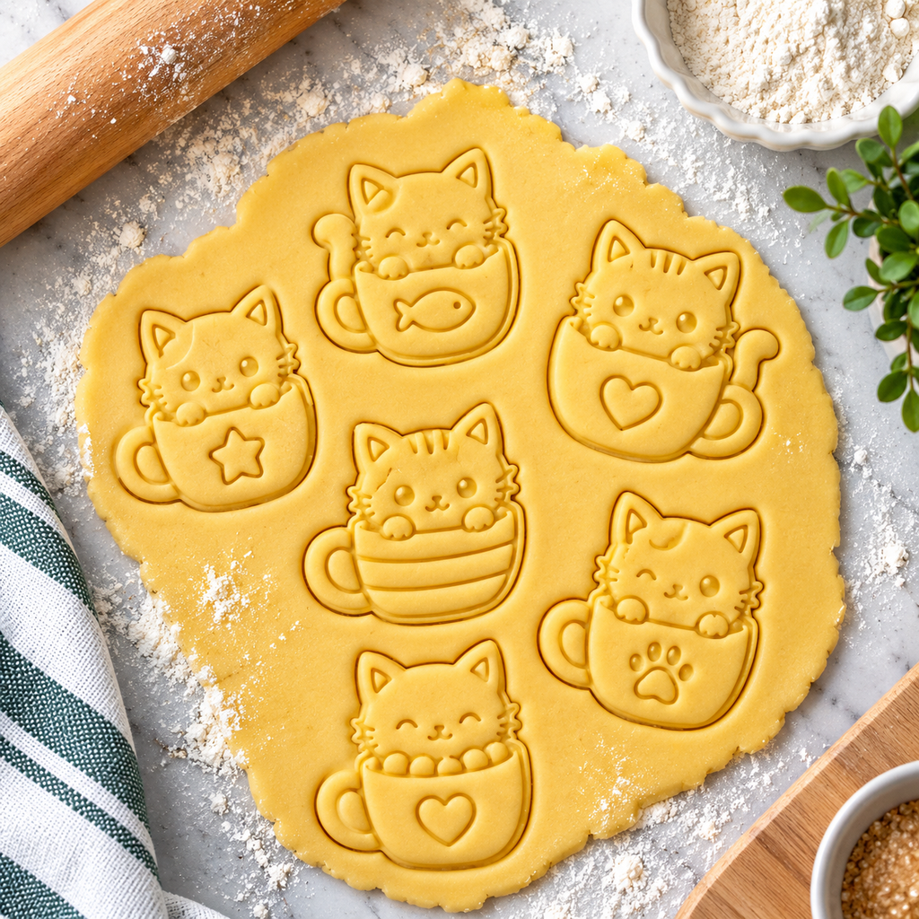 Lot de 6 emporte-pièces Chats dans des tasses – Cutter + tampon – Biscuits kawaii
