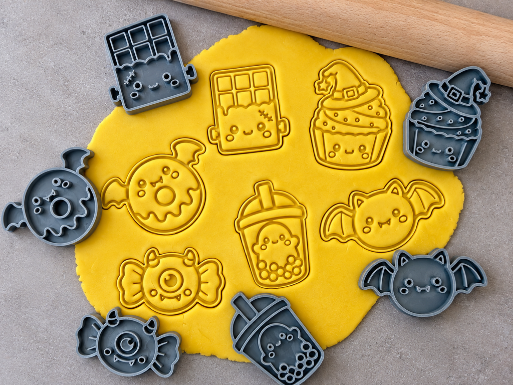 Lot de 6 emporte-pièces Halloween Kawaii – Cutter + tampon – Biscuits maison