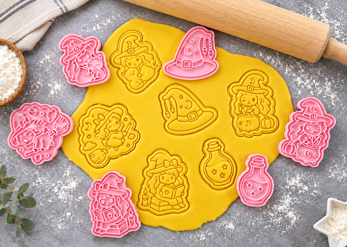 Lot de 6 emporte-pièces Sorcières Kawaii – Cutter + tampon – Biscuits maison
