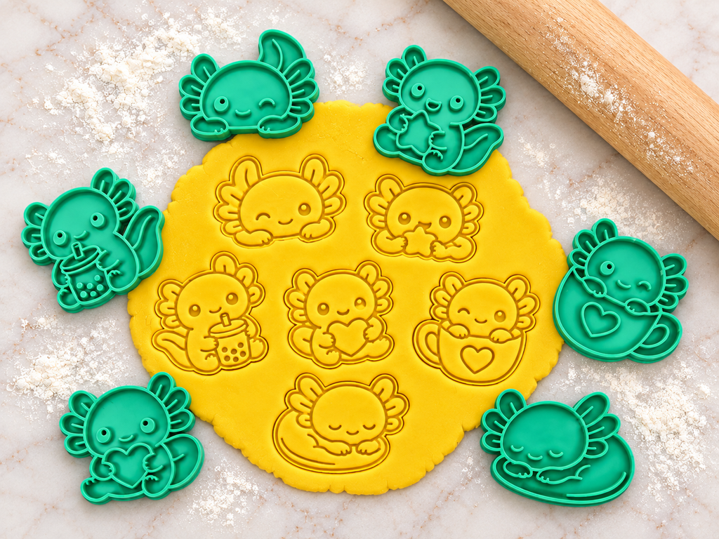 Lot de 6 emporte-pièces Axolotls Kawaii – Cutter + tampon