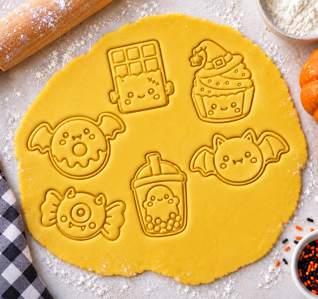 Lot de 6 emporte-pièces Halloween Kawaii – Cutter + tampon – Biscuits maison