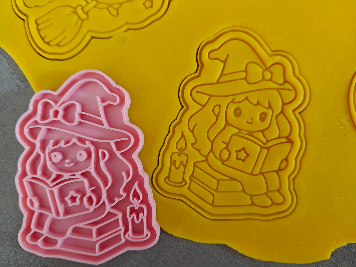 Lot de 6 emporte-pièces Sorcières Kawaii – Cutter + tampon – Biscuits maison