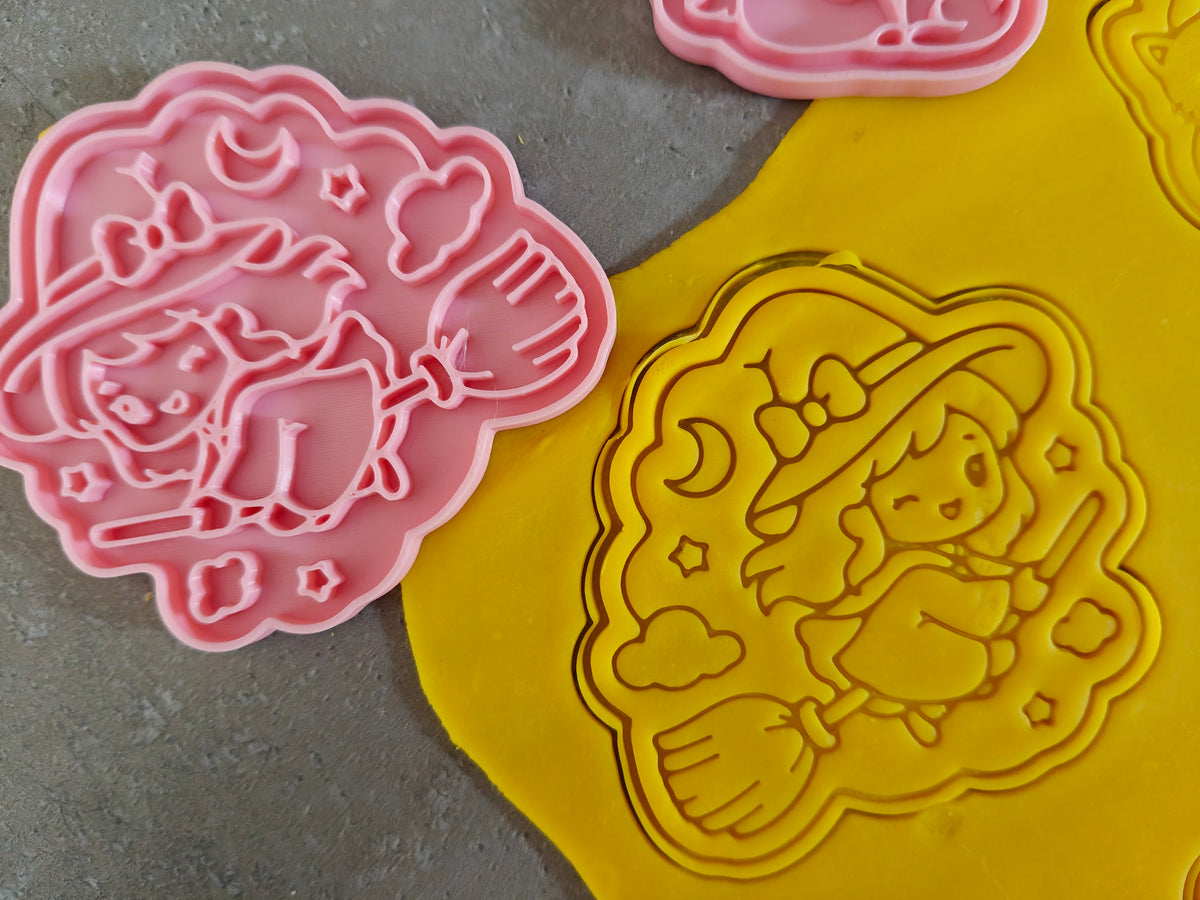 Lot de 6 emporte-pièces Sorcières Kawaii – Cutter + tampon – Biscuits maison