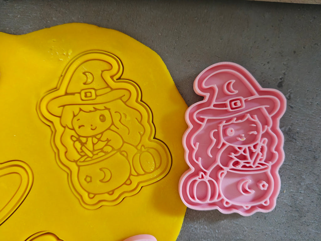 Lot de 6 emporte-pièces Sorcières Kawaii – Cutter + tampon – Biscuits maison
