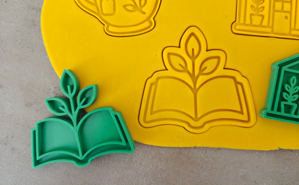 Lot de 6 emporte-pièces Jardin & Lecture – Cutter + tampon