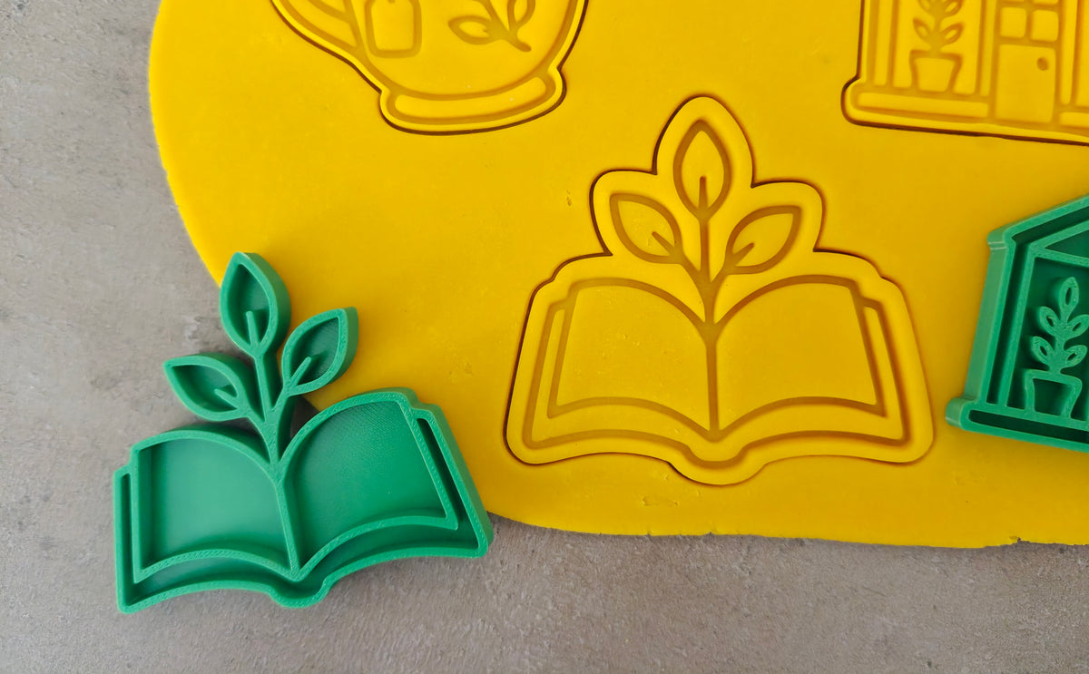Lot de 6 emporte-pièces Jardin & Lecture – Cutter + tampon