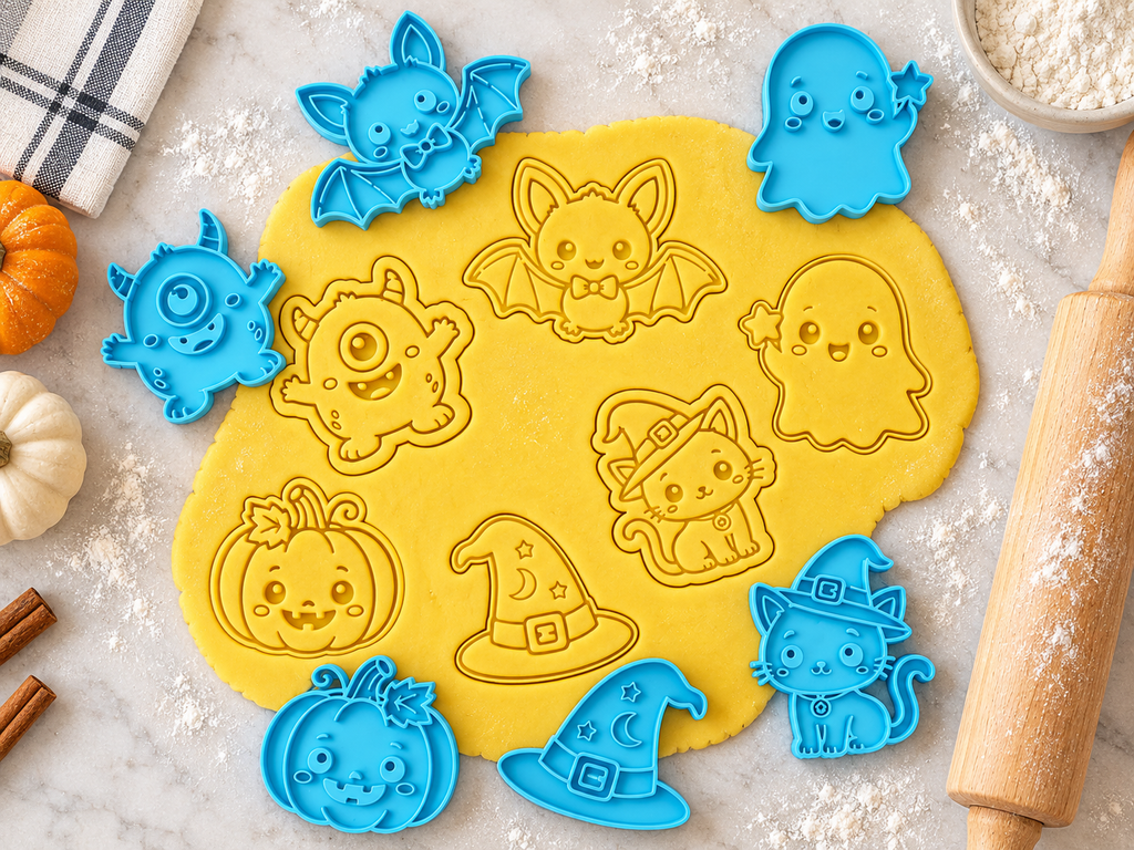 Lot de 6 emporte-pièces Halloween Kawaii – Cutter + tampon – Biscuits maison