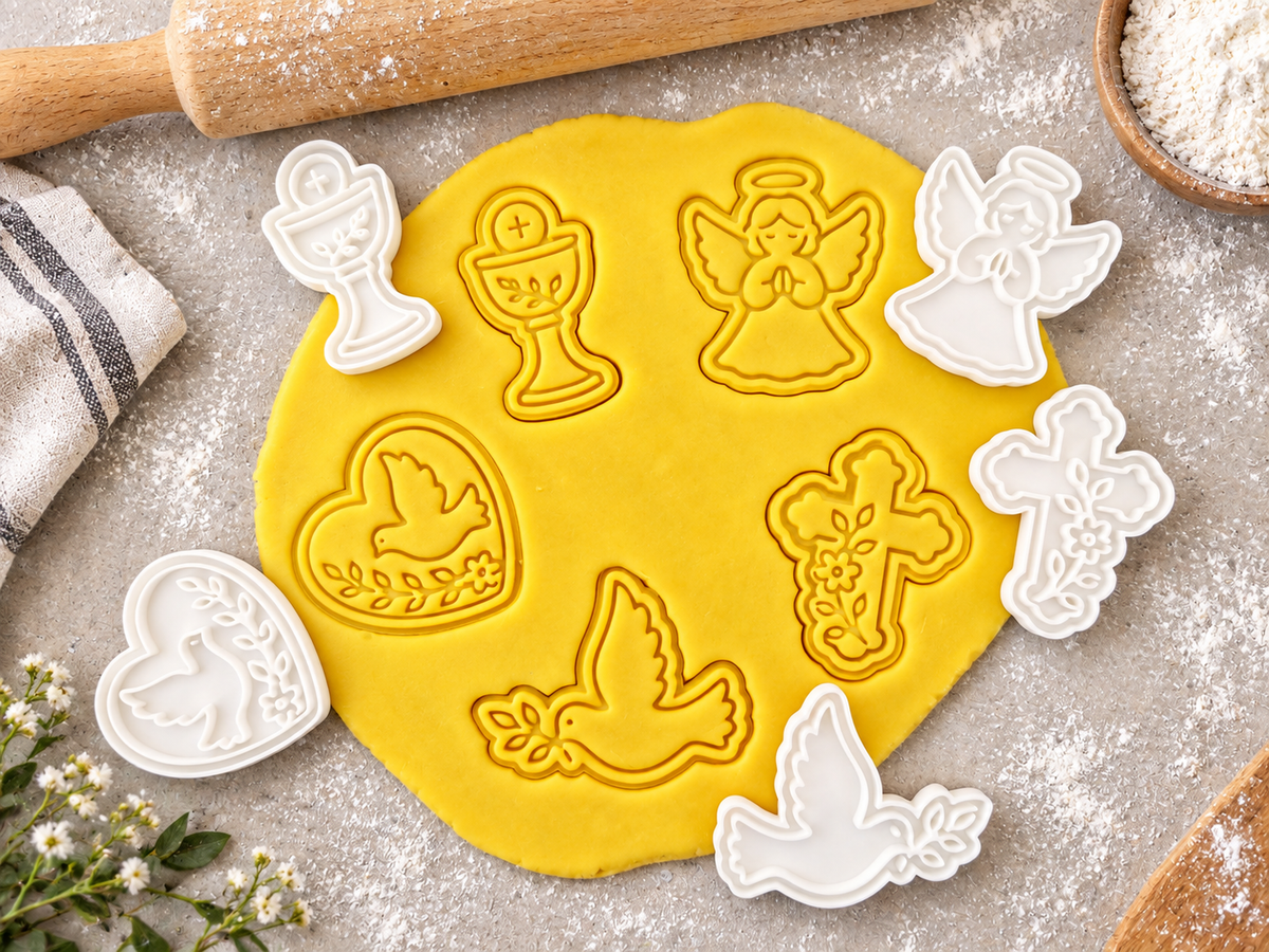 Lot de 5 emporte-pièces Baptême – Cutter + tampon – Biscuits maison