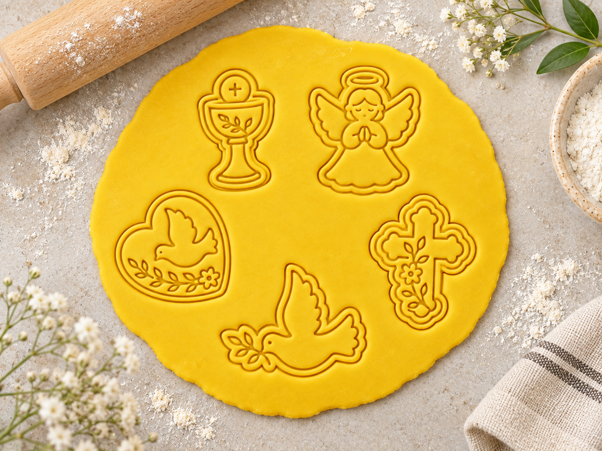 Lot de 5 emporte-pièces Baptême – Cutter + tampon – Biscuits maison