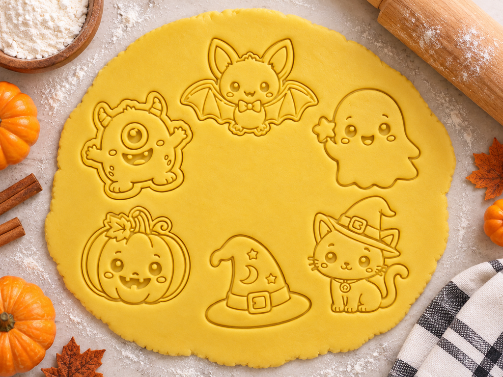 Lot de 6 emporte-pièces Halloween Kawaii – Cutter + tampon – Biscuits maison